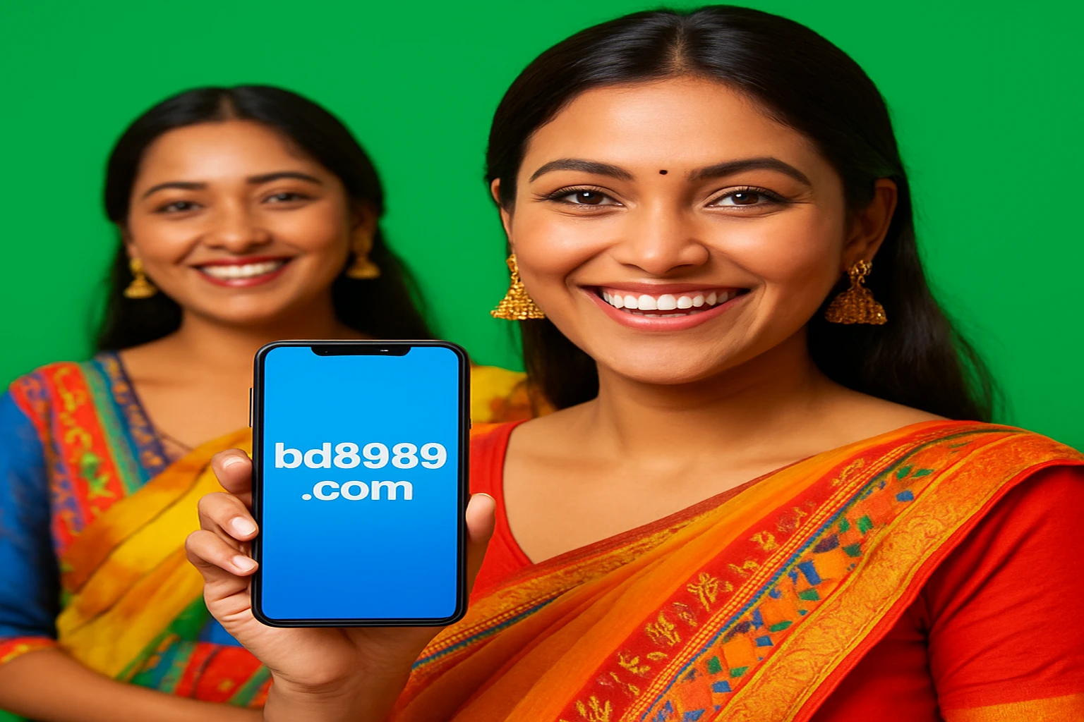 bd89-এর মোবাইল অ্যাপ ডাউনলোড প্রচারণায় স্মার্টফোন হাতে ঐতিহ্যবাহী পোশাক পরা নারী