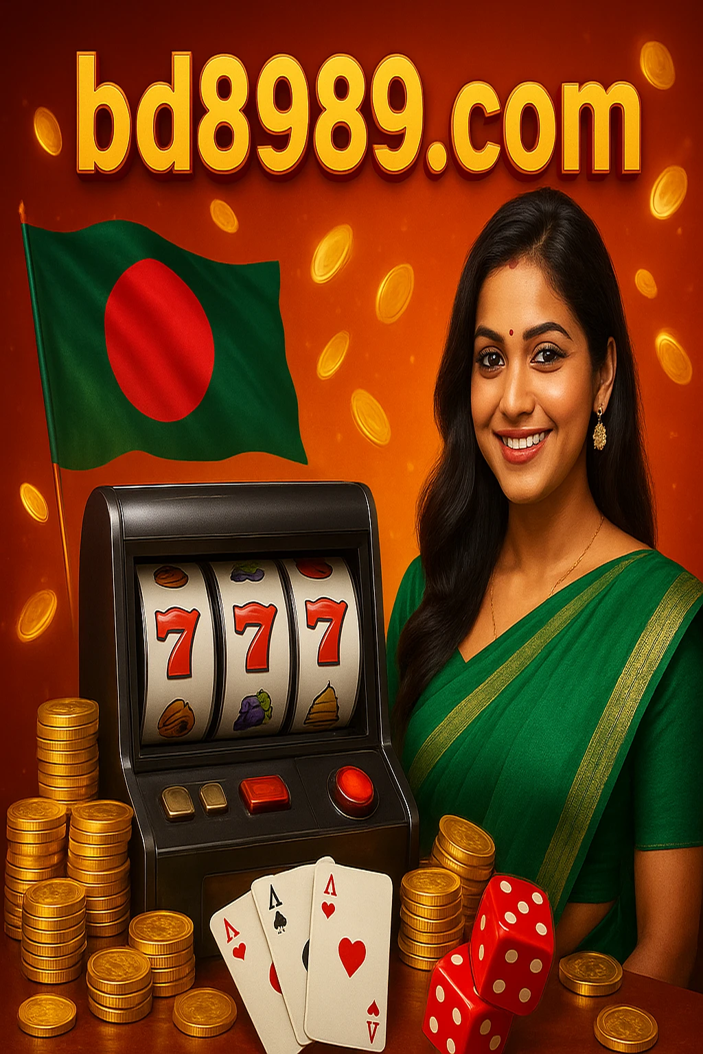 bd89 প্ল্যাটফর্মের বোনাস-প্রচারমূলক ছবিতে সবুজ সাড়ি পরা বাংলাদেশি নারী দেখা যায়। তিনি খেলার কার্ড, আর্কেড-গেম, ডাইস ও স্বর্ণালী কয়েনসহ বাংলাদেশের পতাকা-পটভূমি দেখতে পান।