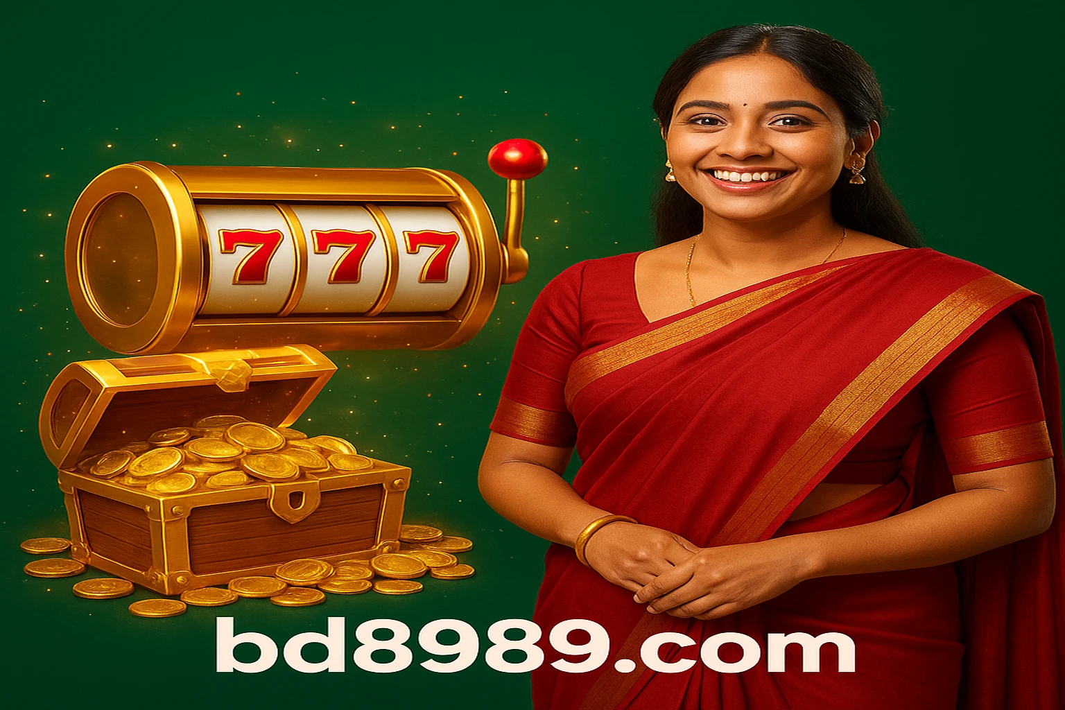 bd89 প্ল্যাটফর্মের প্রচারমূলক বোনাস ব্যানার। লাল সাড়ি পরে bd89 বাংলাদেশি নারী স্মার্টফোন হাতে, আর্কেড-গেম ও কার্ড খেলার দৃশ্যসহ বাংলাদেশের পতাকা-পটভূমি।
